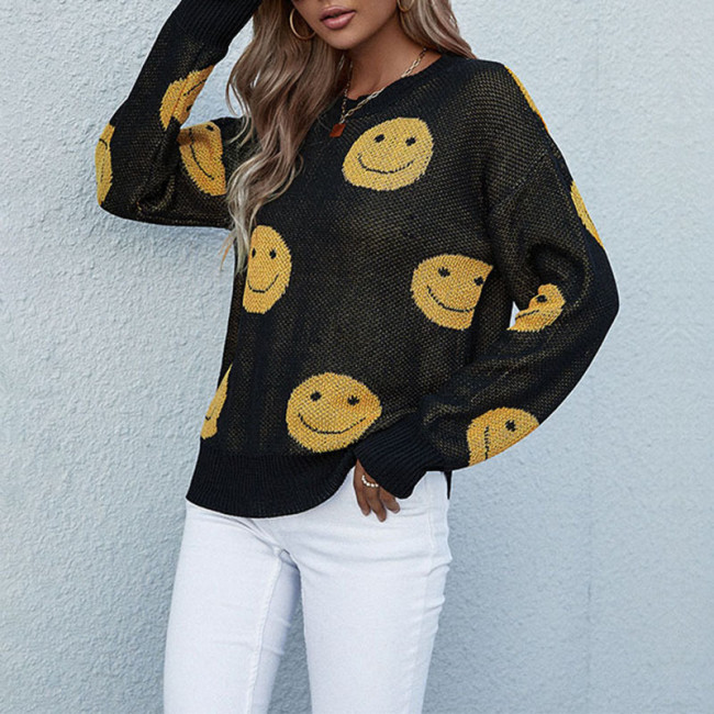 Smiley Long Sleeve Crew Neck Loose Casual Sweaters