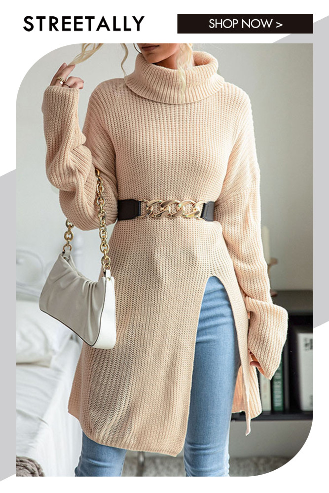 Solid Color Slit Long Sleeves High Neck Loose Sweaters