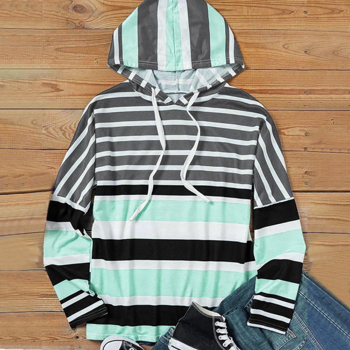 Striped Hooded Long Sleeve Loose Casual Hoodies & Sweatshirts