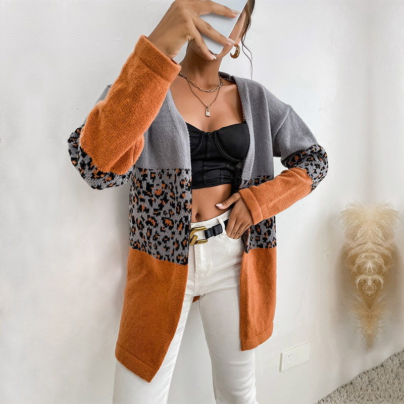 Loose Fashion Leopard Print Contrast Long Sleeve Sweater Cardigans