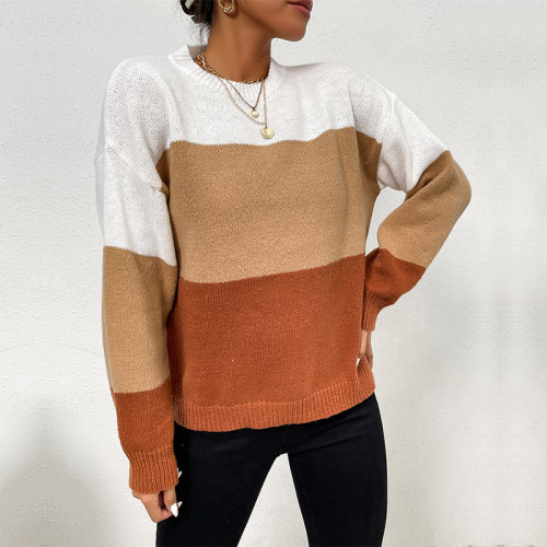 Casual Loose Colorblock Long Sleeve Crew Neck Pullover Sweaters