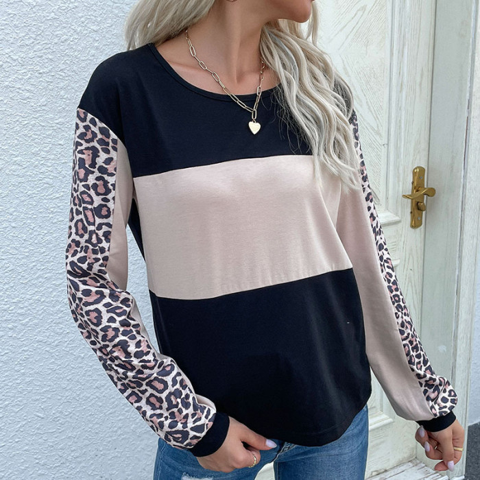 Fashion Loose Casual Leopard Print Patchwork Long Sleeve T-Shirts