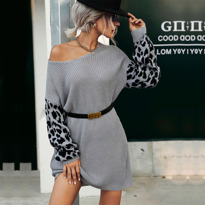 Elegant Long Sleeve V-Neck Paneled Leopard Print Loose Sweater Dresses