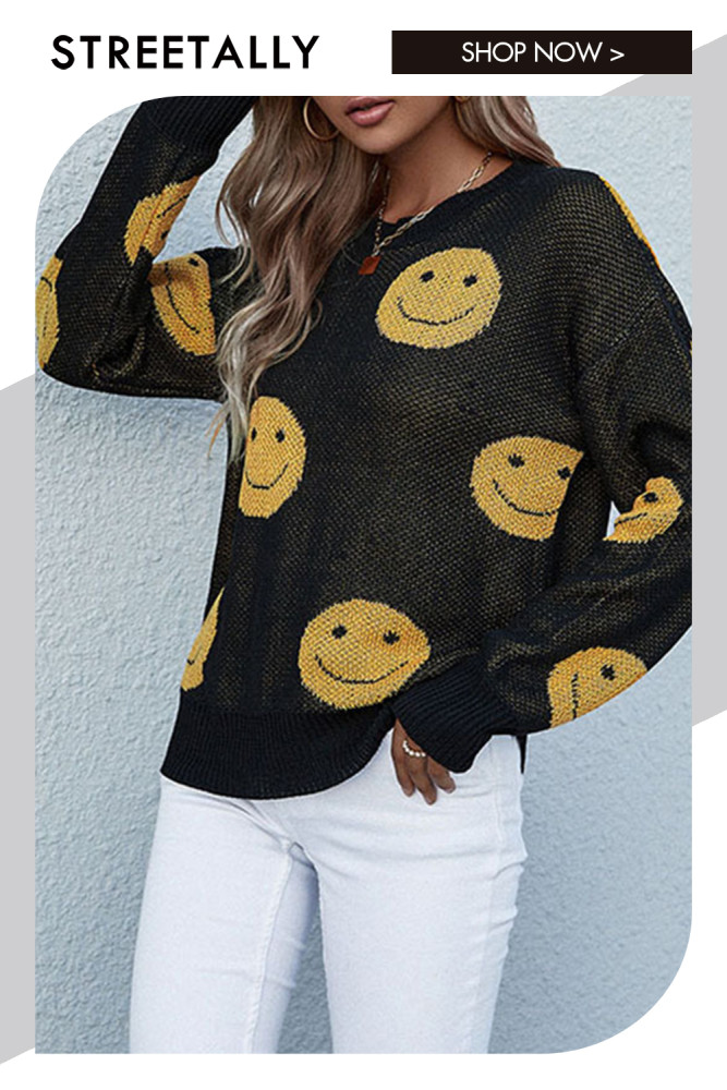 Smiley Long Sleeve Crew Neck Loose Casual Sweaters