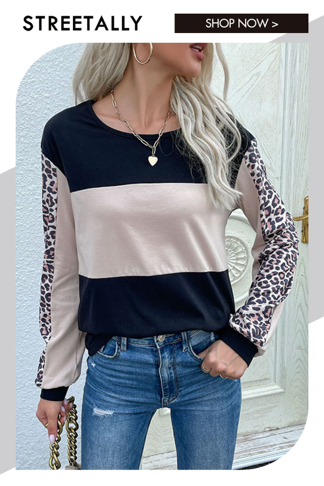 Fashion Loose Casual Leopard Print Patchwork Long Sleeve T-Shirts