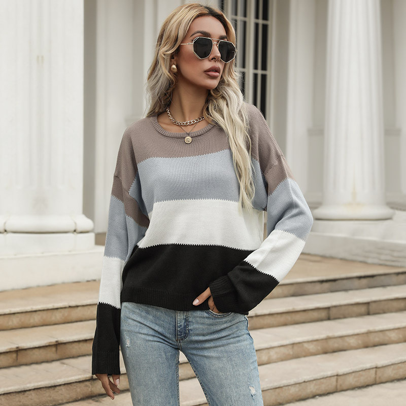 Casual Fashion Colorblock Long Sleeve Crew Neck Loose Sweaters