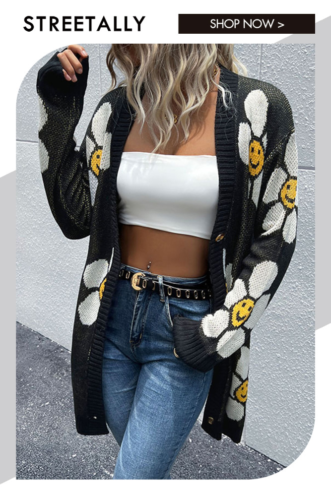 Fashion Floral Long Sleeve Mid Length Single Breasted Sweater Cardigans
