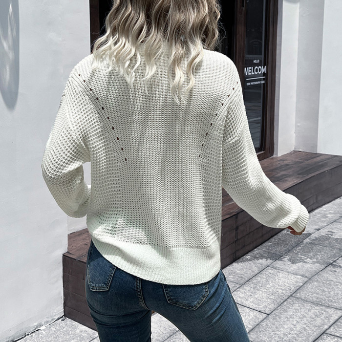 Solid Color Long Sleeve V-Neck Linen Loose Sweaters