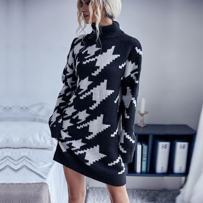 High Neck Loose Long Sleeve Houndstooth Fashion Sweaters