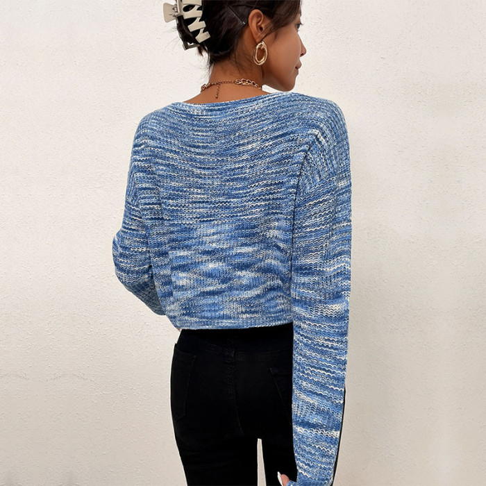 Elegant Cropped Blue Long Sleeve V-Neck Sweaters