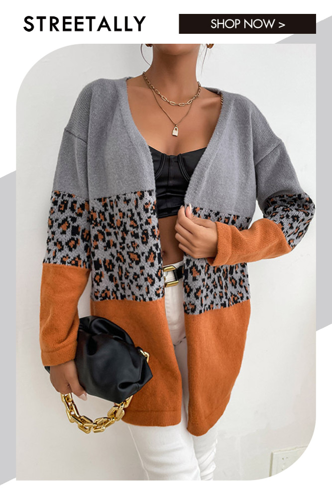 Loose Fashion Leopard Print Contrast Long Sleeve Sweater Cardigans