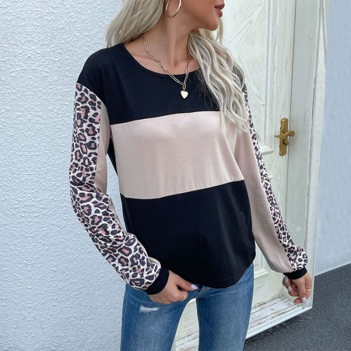 Fashion Loose Casual Leopard Print Patchwork Long Sleeve T-Shirts