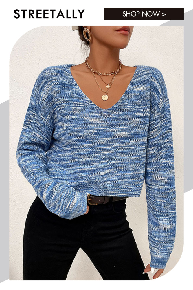 Elegant Cropped Blue Long Sleeve V-Neck Sweaters