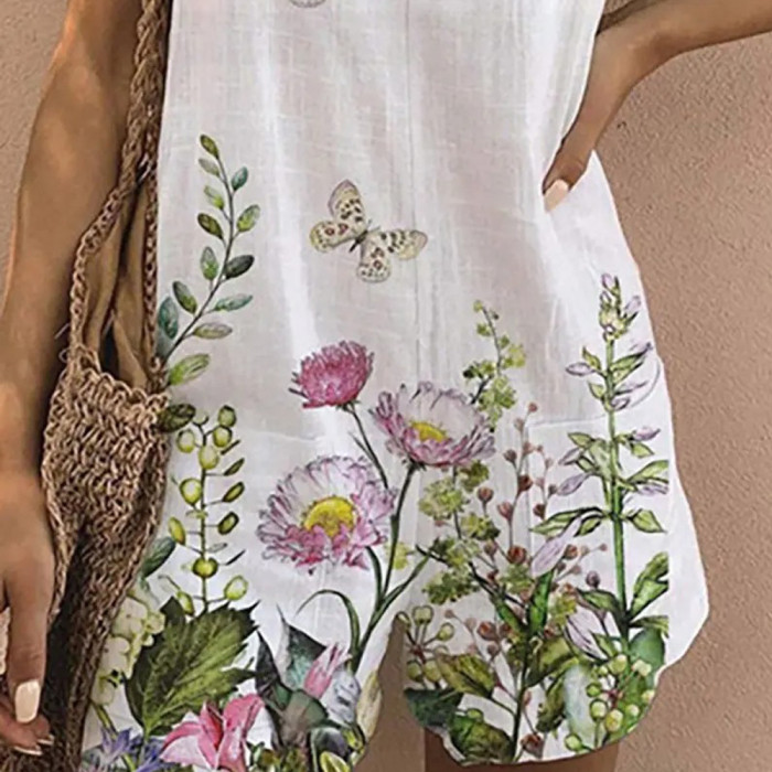 Printed Crew Neck Sleeveless Casual Rompers