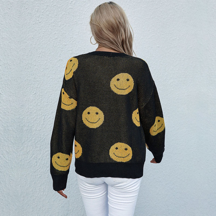 Smiley Long Sleeve Crew Neck Loose Casual Sweaters