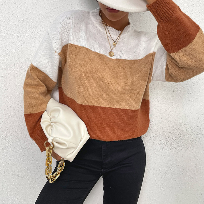 Casual Loose Colorblock Long Sleeve Crew Neck Pullover Sweaters