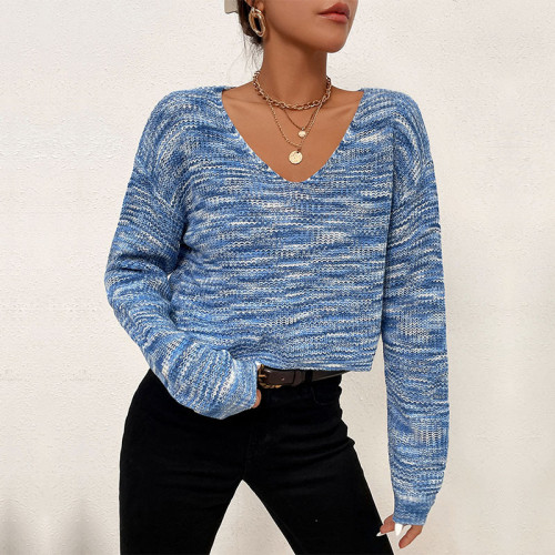 Elegant Cropped Blue Long Sleeve V-Neck Sweaters