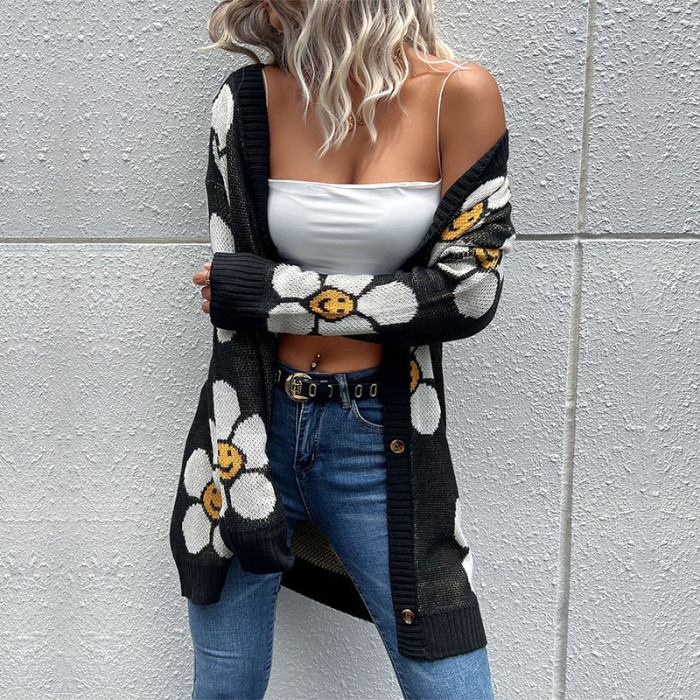 Fashion Floral Long Sleeve Mid Length Single Breasted Sweater Cardigans