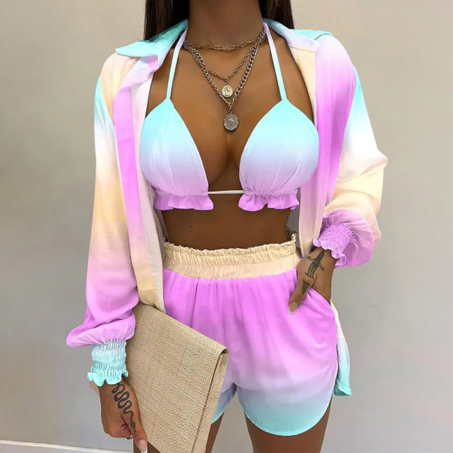 Printed Sexy Long Sleeve Shorts Resort Style Two-piece Outfits