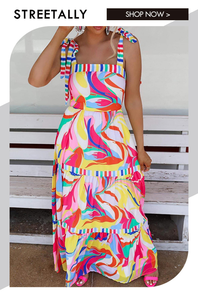 Resort Print Sling Square Neck Mid-Rise Panel Swing Maxi Dresses