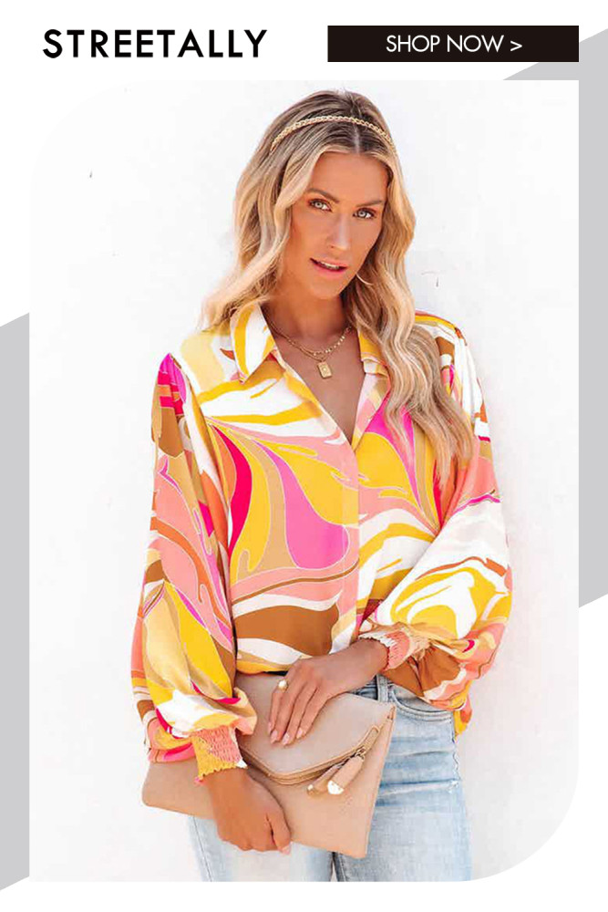 Printed Balloon Sleeve Lapel Single Breasted Casual Blouses & Shirts