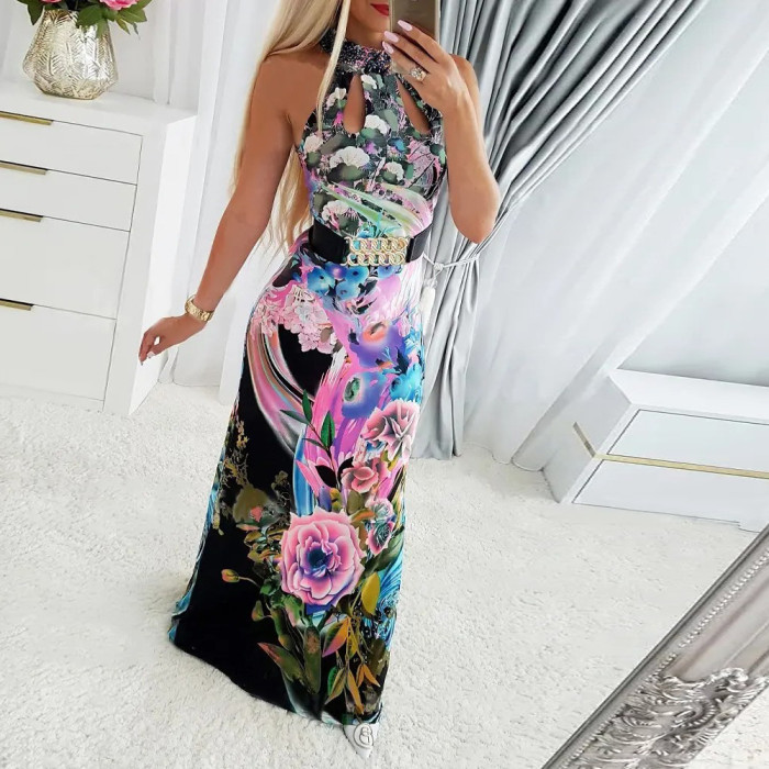 Floral Sexy Sleeveless Halter Elegant Print Maxi Dresses