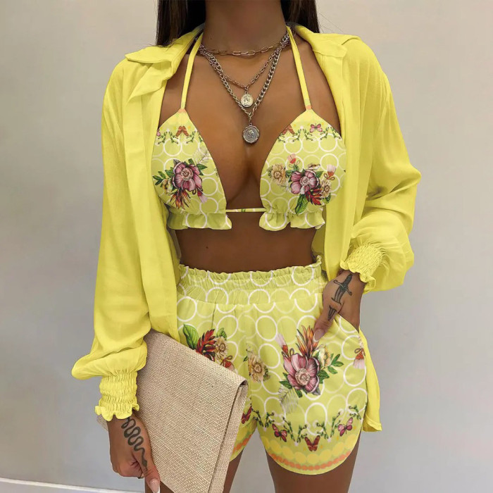 Printed Sexy Long Sleeve Shorts Resort Style Two-piece Outfits
