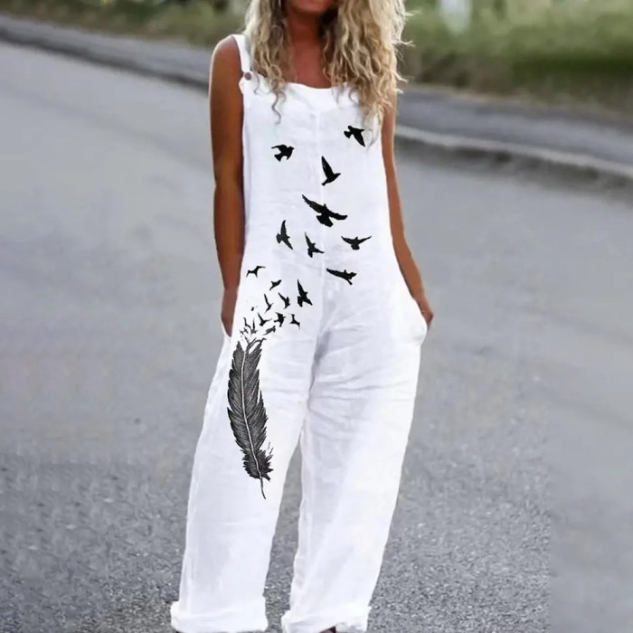Sling Loose Print Sleeveless Casual Straight Jumpsuits