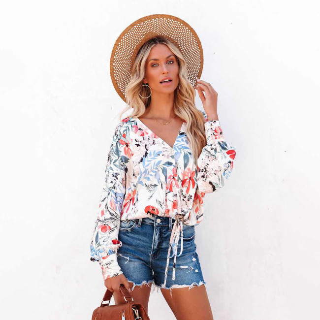 Fashion Print Long Sleeve V Neck Casual Loose Blouses & Shirts