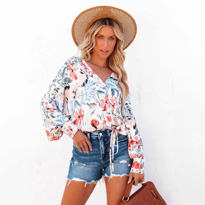 Fashion Print Long Sleeve V Neck Casual Loose Blouses & Shirts