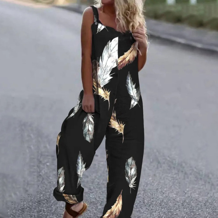 Sling Loose Print Sleeveless Casual Straight Jumpsuits