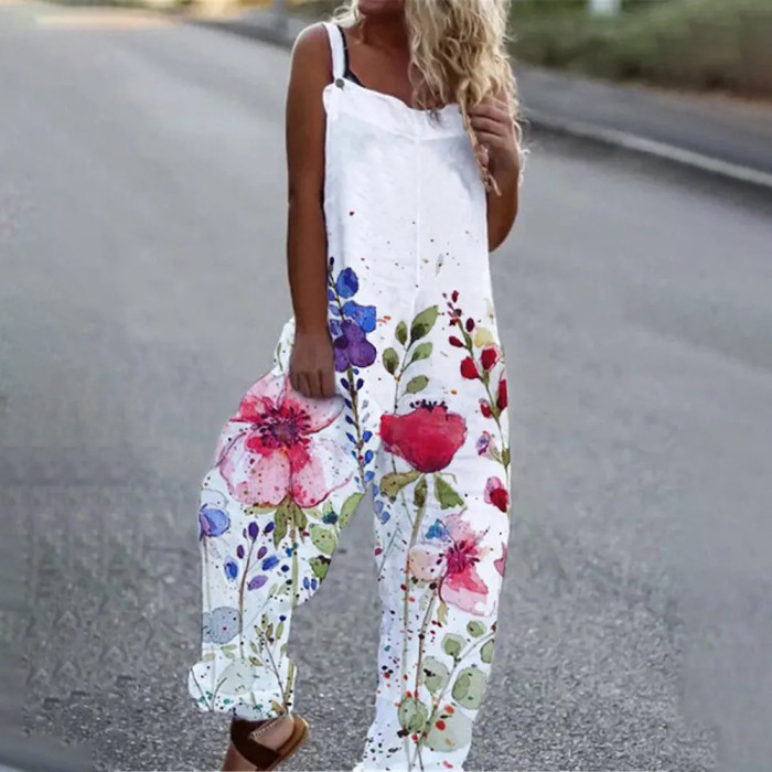 Sling Loose Print Sleeveless Casual Straight Jumpsuits