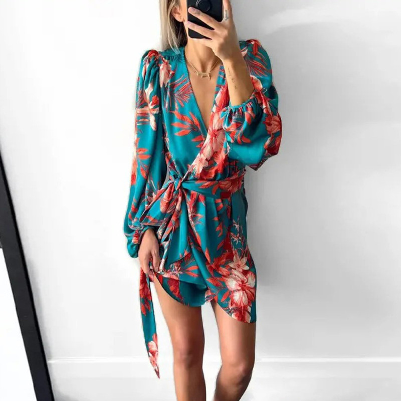 Fashion Print Long Sleeve V Neck Irregular Casual Dresses