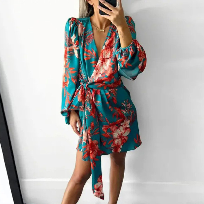 Fashion Print Long Sleeve V Neck Irregular Casual Dresses