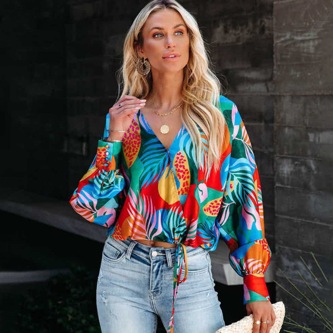 Fashion Print V-Neck Long Sleeve Loose Casual Blouses & Shirts