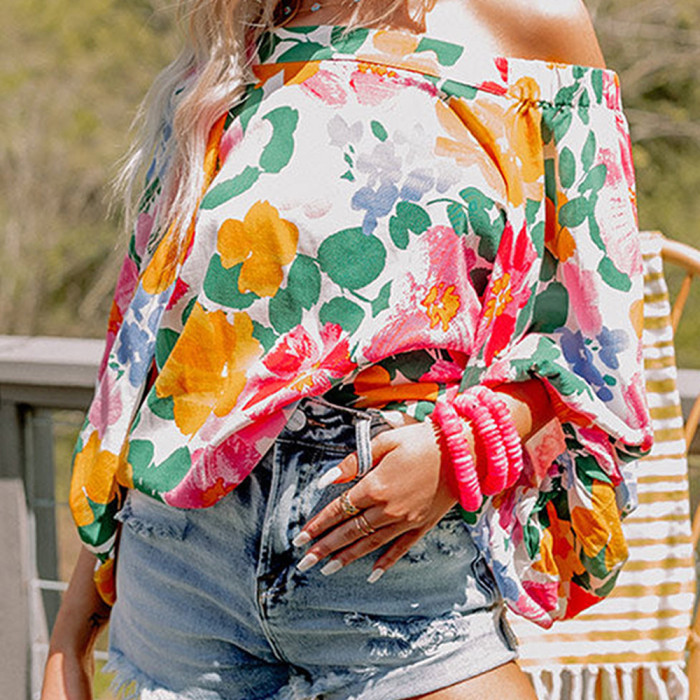 Printed Sloping Shoulder Long Sleeve Loose Casual Top Blouses & Shirts