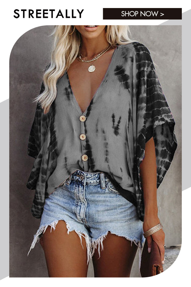 Tie-Dye Print V-Neck Doll Sleeves Loose Casual Blouses & Shirts