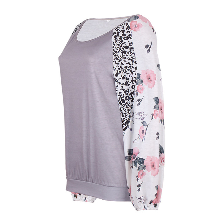 Printed Long Sleeve Crew Neck Panel Casual Loose T-Shirts