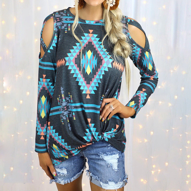 Printed Long Sleeve Off Shoulder Crew Neck Loose Casual T-Shirts