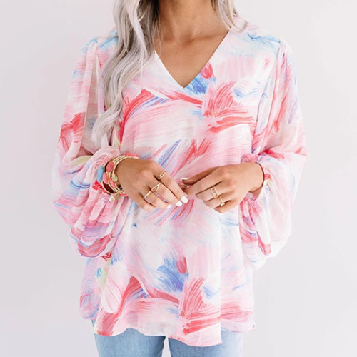 Elegant Long Sleeve V-Neck Printed Chiffon Blouses & Shirts