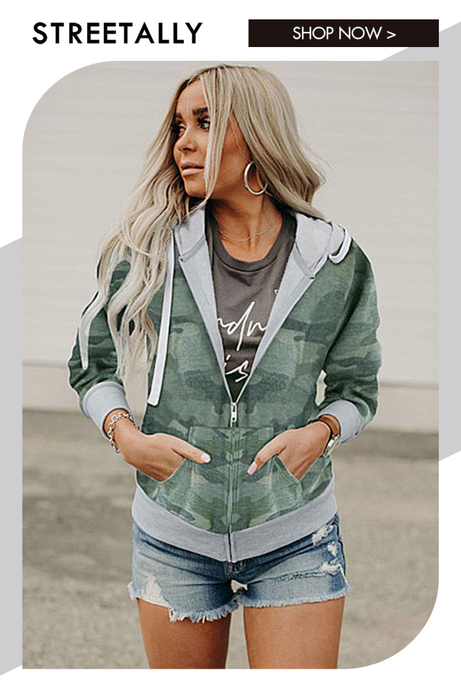 Long Sleeve Printed Camo Hooded Zip Jackets