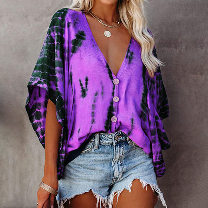Tie-Dye Print V-Neck Doll Sleeves Loose Casual Blouses & Shirts