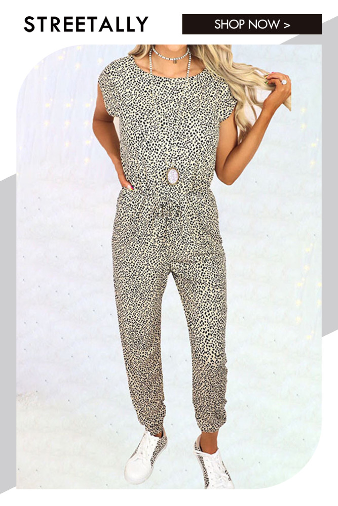 Leopard Print Short Sleeve Crewneck Casual Jumpsuits