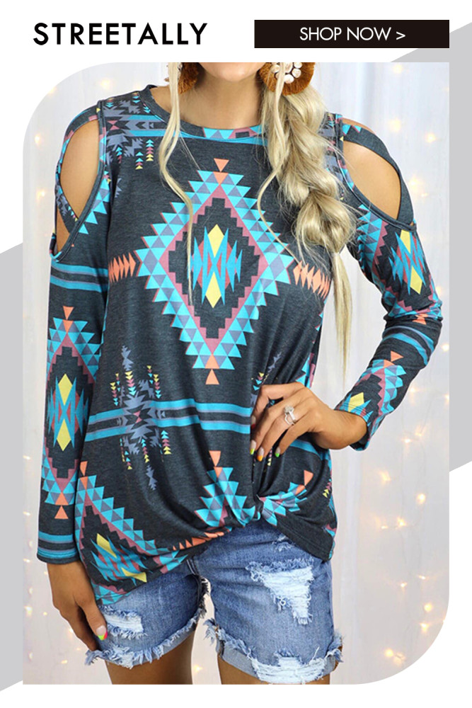 Printed Long Sleeve Off Shoulder Crew Neck Loose Casual T-Shirts