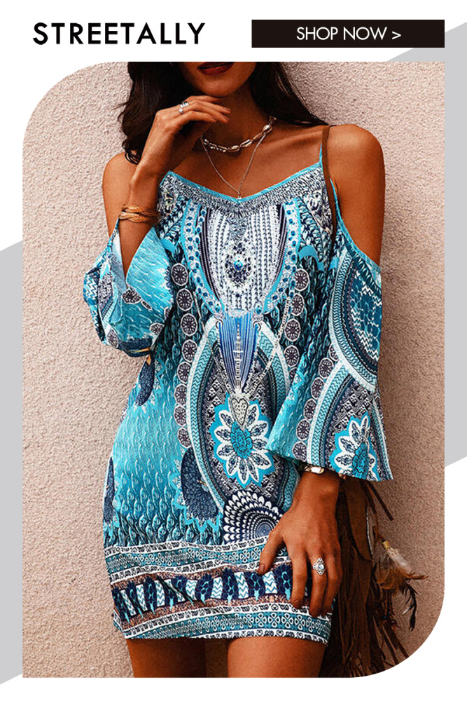 Sexy Printed Crewneck Cutout Off-the-Shoulder Sling Mini Dresses