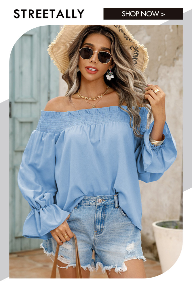 Pullover One-Shoulder Flared Sleeves Solid Loose Chiffon Blouses & Shirts