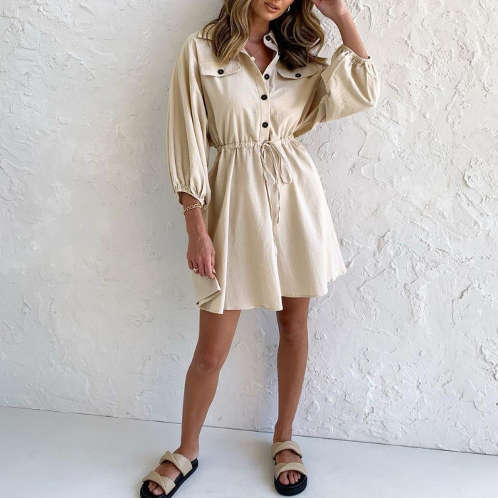 Solid Lapel Single-Breasted Pocket Tether Casual Dresses