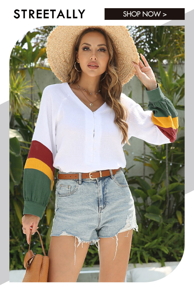 Long Sleeve V-Neck Single Breasted Panel Blouses & Shirts