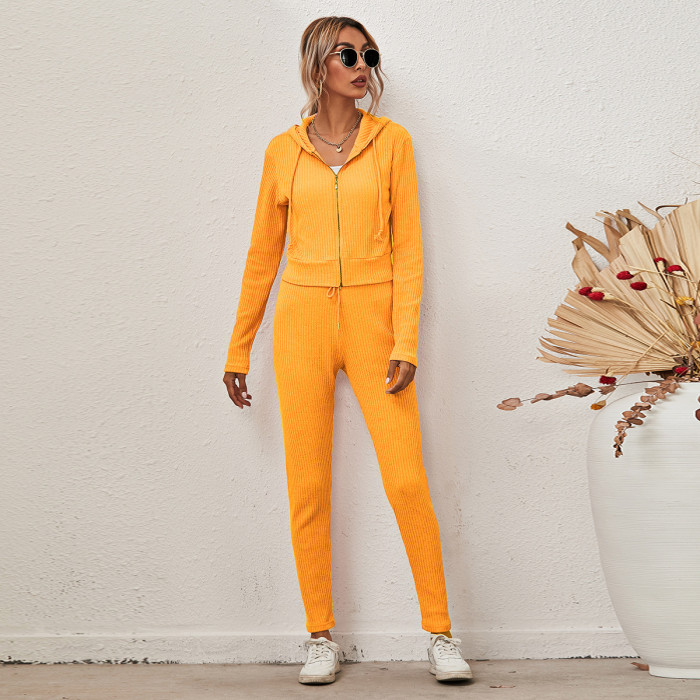 Solid Hooded Cardigan Long Sleeve Zip Casual Two-piece Outfits