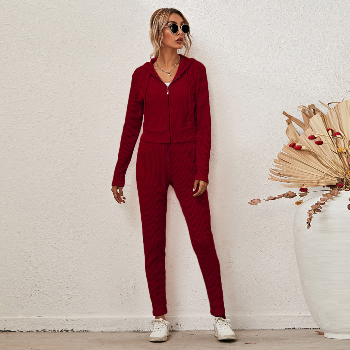 Solid Hooded Cardigan Long Sleeve Zip Casual Two-piece Outfits